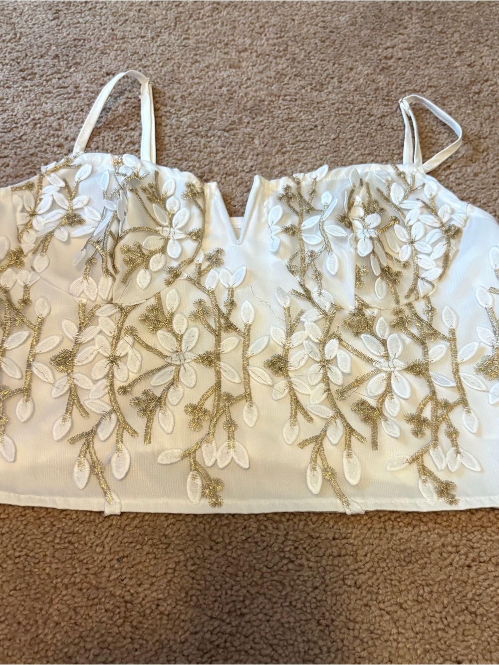 Embroidered White & Gold Floral Cropped Tank Top